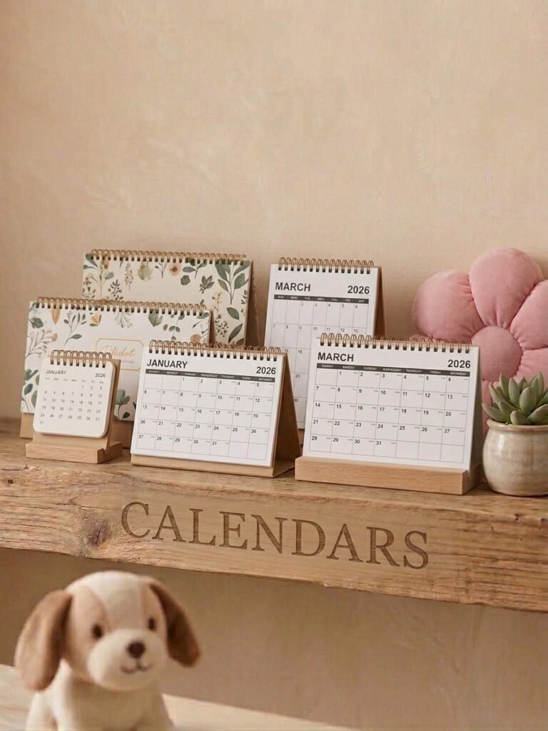 Desk calendars on a wooden shelf