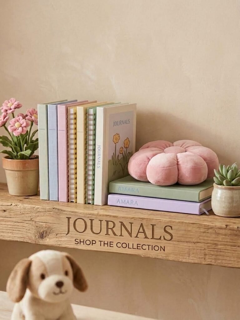 Journals on a wooden shelf