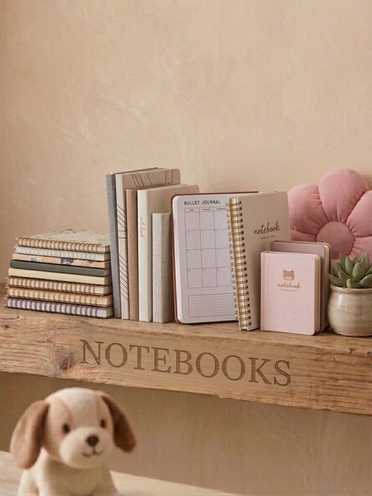Notebooks on a wooden shelf