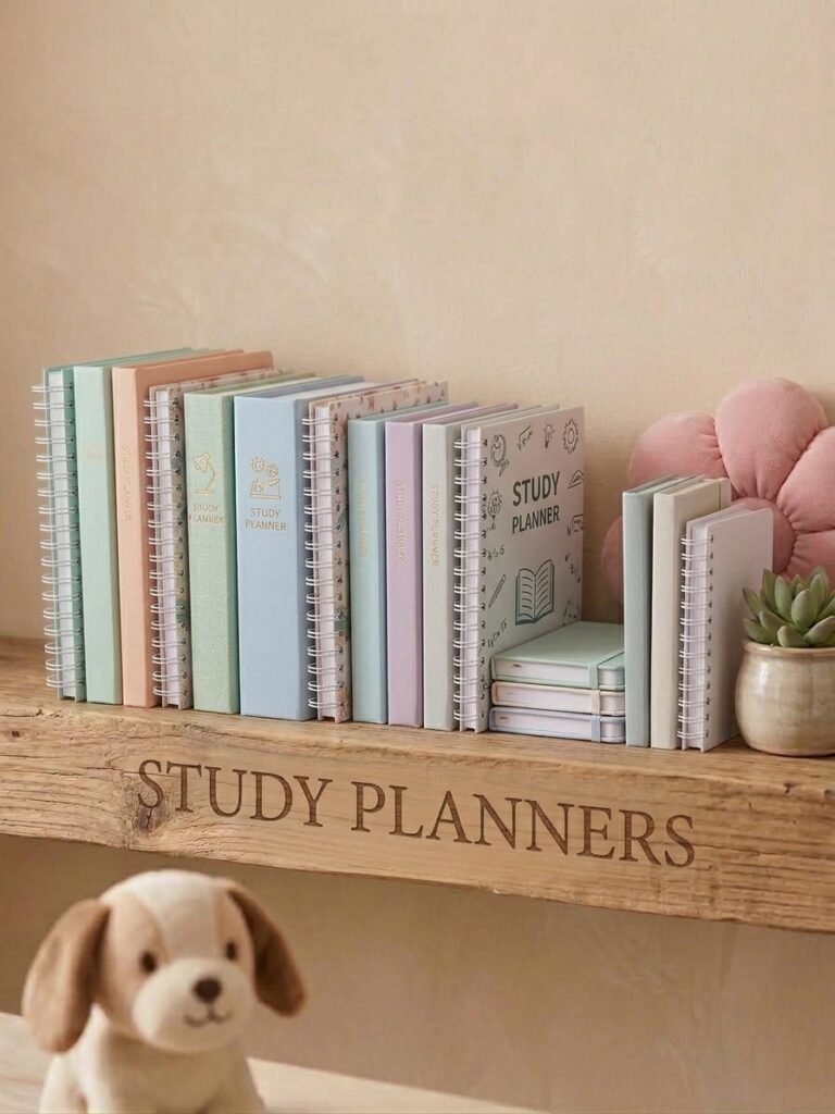 Study planners on a wooden shelf