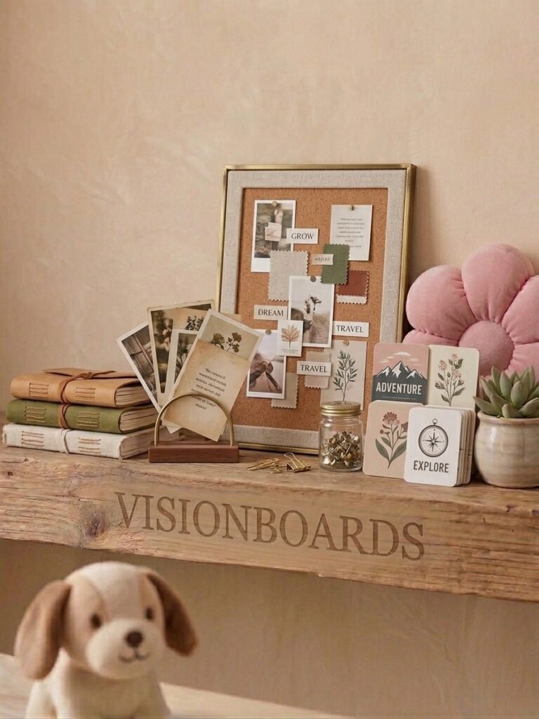 A vision board with photos and cards