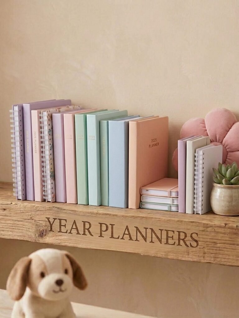 Year planners on a wooden shelf